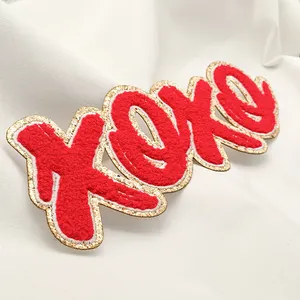 Custom Wholesale Valentines Day Glitter Sequin Large Chenille Embroidery XOXO Iron On Patches For Clothes