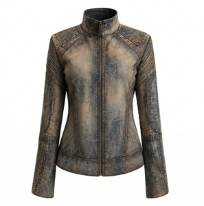 Conjunto de dos piezas de mezclilla vintage desgastada para <span class=keywords><strong>mujer</strong></span> Wangsheng: Chaqueta con cremallera y cuello alto y pantalones acampanados con costuras en las rodillas - Product Image 4
