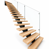 Escalier flottant moderne sur mesure en acier à poutre unique pour intérieur, marches en bois massif, balustrade en verre ultra-transparent