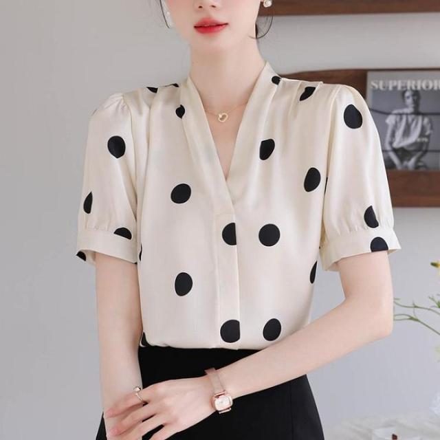 Female Elegant Polka Dot Printed Blouses Casual Satin Silk Shirt Office Ladies Blouse Summer Blouses for Women 7795#