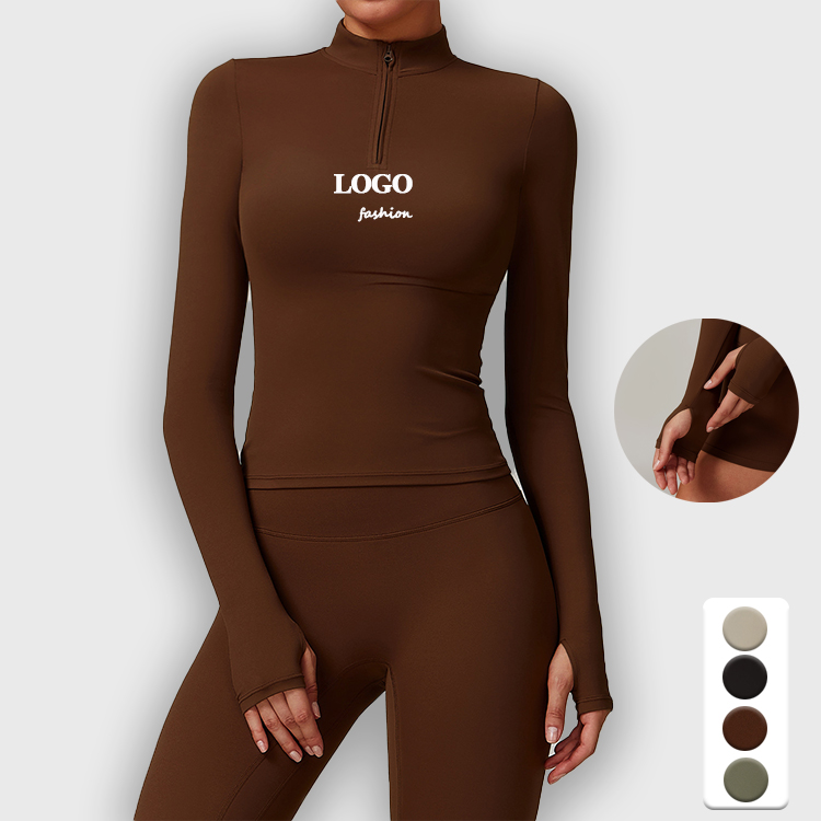 Women's Slim Fit Elegant Long Sleeve T-Shirt Custom Logo High Collar Solid Half Zipper Autumn Yoga Top Spandex Material Printed