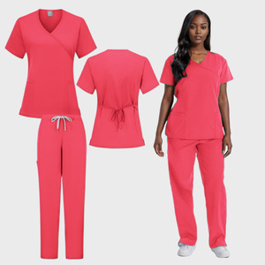 Women's Scrub Set Short Sleeve V Neck Tops Pants Hospital Uniforms For Nurses Surgeons Rose Red Purple Pink Cyan Watermelon Red - Product Image 3