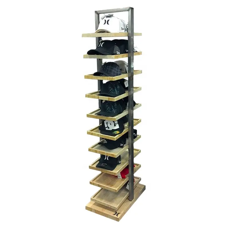 Factory Custom Wooden Hat Display Rack with Baseball Hat Holder for Retail Use in Category Display Racks