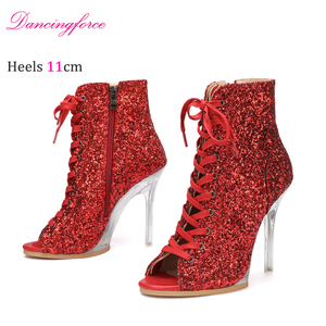 Chaussures de <span class=keywords><strong>danse</strong></span> <span class=keywords><strong>jazz</strong></span> latin sexy à paillettes de 11 cm, chaussures à lacets à talons hauts, semelles souples, bottes à bout ouvert pour femmes - Product Image 2