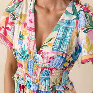 Custom watercolor print deep V-neck ruffled elastic waist short-sleeved beach <b>dress</b> high-quality rayon casual <b>dresses</b> - Product Image 5