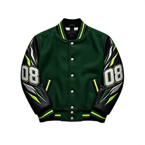 เสื้อแจ็คเก็ตเบสบอลผู้ชายสีเขียวแขนดำ แจ็คเก็ตเลตเตอร์แมนตัวเสื้อทำจากผ้าขนสัตว์ แขนทำจากหนัง  ลายปัก  แจ็คเก็ตบอมเบอร์สำหรับทีม - Product Image 1