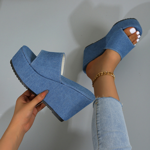 <span class=keywords><strong>Ciabatte</strong></span> da <span class=keywords><strong>Donna</strong></span> <span class=keywords><strong>in</strong></span> Denim <span class=keywords><strong>Blu</strong></span> con Zeppa Versatile, Design a Punta Tonda, Sandali alla Moda Direttamente dalla Fabbrica - Product Image 2