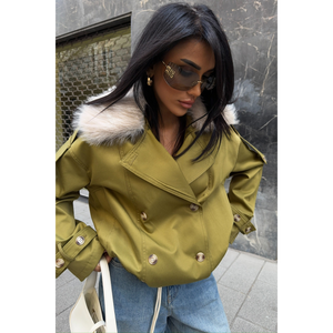 Gabardina Corta Verde Oliva con Cuello de Piel Sintética, Estilo Casual, Larga, Impermeable, Exterior de Cuero Genuino, Personalizada para Otoño Invierno - Product Image 4