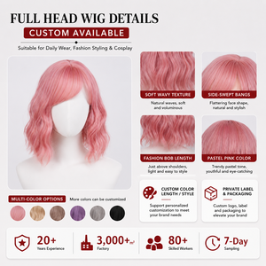 Peluca sintética ondulada rosa empolvado <span class=keywords><strong>de</strong></span> 12 pulgadas con flequillo lateral, resistente al calor, <span class=keywords><strong>para</strong></span> uso diario y cosplay, peluca completa <span class=keywords><strong>para</strong></span> <span class=keywords><strong>mujer</strong></span>, venta al por mayor - Product Image 3