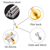 Boucle d'oreille clou en acier inoxydable avec zircone cubique, forme carrée, cœur, étoile, à filetage interne, dos plat, pour piercing hélix