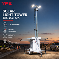 Tour d'éclairage solaire LED 4*100W, 7m de haut, mât hydraulique, 3 panneaux solaires, remorque de sécurité avec batterie LiFePO4 de 12,03 kWh