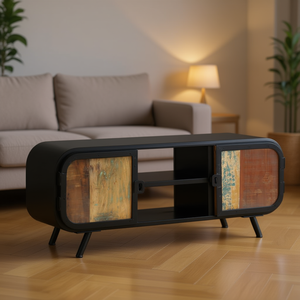 Mobile TV in Legno Massello Recuperato 43.3x11.8x17.7 Pollici Nero Design Rustico Arredamento Soggiorno - Product Image 2