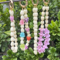 Manik-manik Bunga Lei Hawaii dari Resin Gading Berukir Pikake, Untaian Manik-manik untuk Tali Tas dan Gantungan Kunci, Dilengkapi dengan Patch Baja Tahan Karat