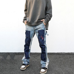 Custom <b>Men</b> Vintage Light Blue Patchwork Stacked Straight Distressed Leg Paints Splatter <b>Flared</b> Denim Carpenters <b>Jeans</b> - Product Image 2