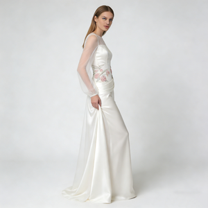 Robes pour femmes, blanches, transparentes, à manches longues, brodées <span class=keywords><strong>de</strong></span> fleurs, en satin et tulle, maxi, pour soirée, mariage - Product Image 3