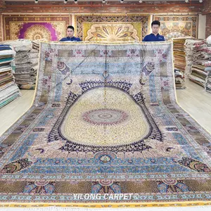 艺龙10 'x14' 古董波斯地区地毯手工打结东方库姆丝绸地毯