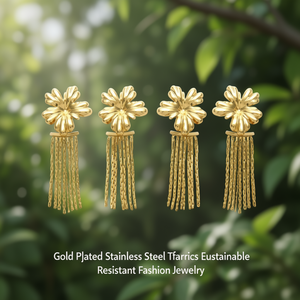 ต่างหูพู่ดอกไม้สแตนเลสชุบทอง เครื่องประดับแฟชั่นที่ทนทานและยั่งยืน - Product Image 3