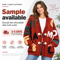 Damen Herbst Casual Einreihiger Terylene Strick-Cardigan mit Logo vorne, V-Ausschnitt, Hornknöpfen, lockerer Passform, knitterarm