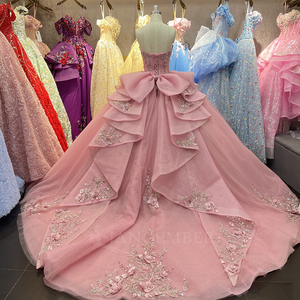 Robe de bal princesse sans bretelles avec volants, couleur bonbon, dentelle florale à sequins, fleurs 3D roses, pour Quinceañera et soirée - Modèle Dy1502 - Product Image 4