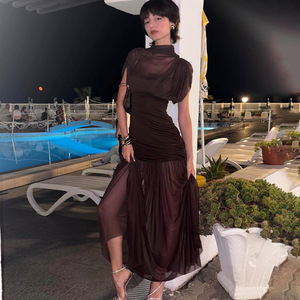 European American Style Pleated Long Dress High Neck Translucent Bodycon Evening Dress For Women - Product Image 1