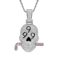 Collier en laiton plaqué or véritable avec zircon hip hop avec pendentif crâne