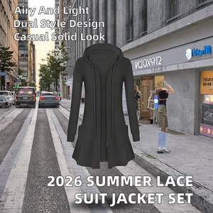 Ensemble décontracté été 2026 : Veste et pantalon-jupe 2-en-1 à manches courtes en dentelle unie - Product Image 2