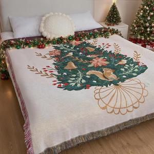 <span class=keywords><strong>Manta</strong></span> Decorativa de Algodón para Acampar al Aire Libre, Diseño Navideño de Ardilla en Árbol, Tejido Jacquard, 160*130cm - Product Image 4