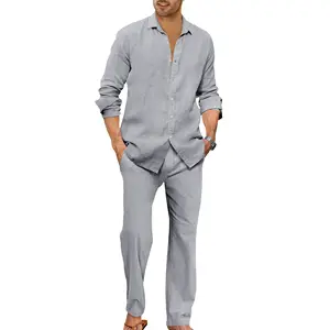 High Quality Factory Men's Cotton Linen Shirts Trousers Suit Solid Color Simple Oversized Beach Casual 2-Piece Set For Man