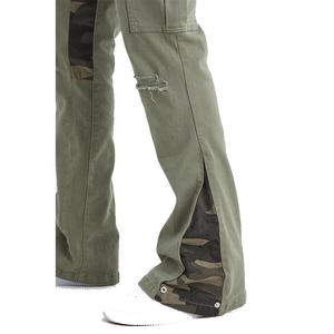Logotipo de etiqueta tejida de lujo 100% sarga de algodón caqui Delgado apilado Flare Camo Gusset Rip Cargo pantalones para hombres - Product Image 3