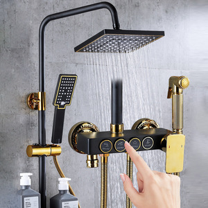 Ensemble de douche thermostatique moderne de luxe noir <span class=keywords><strong>et</strong></span> or en acier inoxydable, avec barre coulissante, à commande unique <span class=keywords><strong>et</strong></span> fonction pluie, style touches de <span class=keywords><strong>piano</strong></span> - Product Image 2
