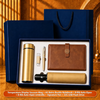 Coffret Cadeau d'Affaires 5 Pièces : Carnet en Cuir PU A5, Stylo Signature, Clé USB, Tasse Thermos, Parapluie Automatique, Logo Personnalisé
