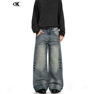 11KN Manufacturer Custom American-style Whiskered Denim <strong>Jeans</strong> <strong>Men</strong> Vintage Medium Wash Blue Faded <strong>White</strong> Loose-fit Casual Trousers - Product Image 3