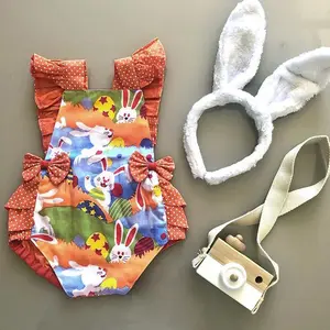 Produits chauds en gros printemps infantile bébé à pois Onesie mignon lapin enfant en bas âge à volants barboteuses nouveau-né joyeux pâques bulle