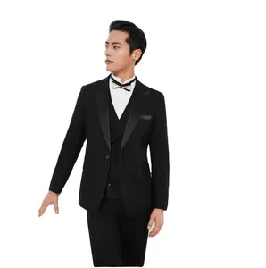 Factory Custom Three Piece Men Suits Black Groom Wedding Wear Suit With Satin Collar 2024