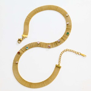 Collier ras du cou en maille d'acier inoxydable plaqué or 18 carats avec zircon - Design vintage multicolore pour femme, 37 cm, polyvalent, mode, soirée - Product Image 3