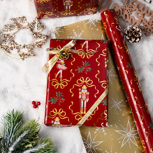 Reversible Christmas Wrapping Paper Roll 17 Inch X 33 Feet Red Metallic Gold Foil Row <b>Nutcracker</b> Snowflake - Product Image 1