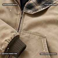 Veste de travail pour homme en toile de canard épaisse, personnalisée, style vintage, délavée, doublée à carreaux, avec capuche et bordure contrastante beige, pour usage urbain et utilitaire
