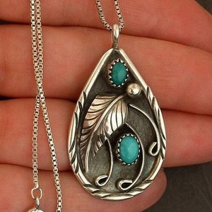 Western Jewelry Birthdays Gift Teardrop Turquoise <strong>Necklace</strong> Alloy Silver Boho <strong>Native</strong> Vintage Turquoise Drop <strong>Necklace</strong> - Product Image 1