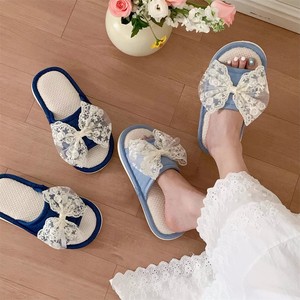 XXT OEM personnalisé respirant coton lin pantoufles doux intérieur maison chaussures antidérapant femmes dentelle arc maison diapositives - Product Image 5