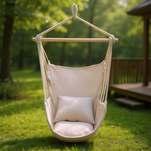 Silla Colgante Beige de Lona de Algodón para Jardín, Silla Colgante Ovalada Resistente con Almohada, Estructura de Madera Maciza, Estilo Escandinavo - Product Image 2