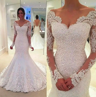 Robes de mariée de luxe en dentelle blanche à sequins, col en V, manches longues, style sirène, coupe brésilienne