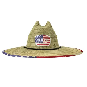 Custom Logo Wide Brim American Flag Lifeguard Men's Fishing Straw Beach Hats With Underbrim Print