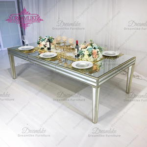 Table à manger en acier inoxydable de luxe sur mesure avec <span class=keywords><strong>plateau</strong></span> en verre transparent pour hôtel, mariage, événement, salle de banquet - Product Image 1