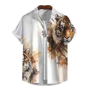 Chemise Hawaïenne Décontractée de Luxe pour Homme, Coupe Ample, Manches Courtes, Imprimé Floral Tigre, Respirante, Col Montant, Automne - Product Image 1