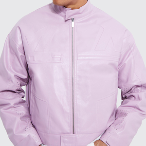 YUCHEN Custom Boxy Vintage 100% Polyester Emboss Embroidered Zip up Pu <strong>Leather</strong> <strong>Jacket</strong> Men - Product Image 6