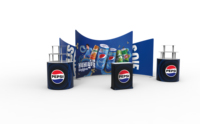 Stand d'exposition de boissons avec comptoir publicitaire, toile de fond incurvée, support d'affichage de soda portable