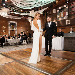 Vestido de noche Formal de manga larga con volantes y silueta recta de cintura Imperio hasta el suelo para mujer, blanco, antiestático - Product Image 3