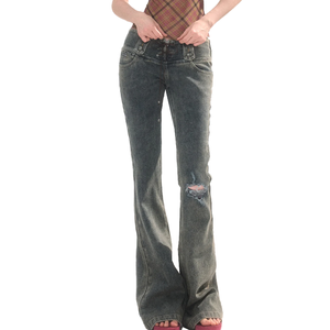 Vaqueros bootcut vintage para mujer con logo personalizado, lavado, con cordón frontal, cintura con cordón ajustable, pequeños detalles desgastados y orificios, pantalones de mezclilla acampanados. - Product Image 5