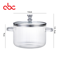 Pot en verre à double oreille Pot à soupe rayé résistant aux hautes températures avec couvercle Bol à nouilles instantanées Usage domestique
