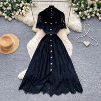Robe décontractée élégante pour femme WIWT, rose, en dentelle, coupe trapèze, manches courtes, col rabattu, simple boutonnage, avec ceinture, longueur midi, pour le quotidien